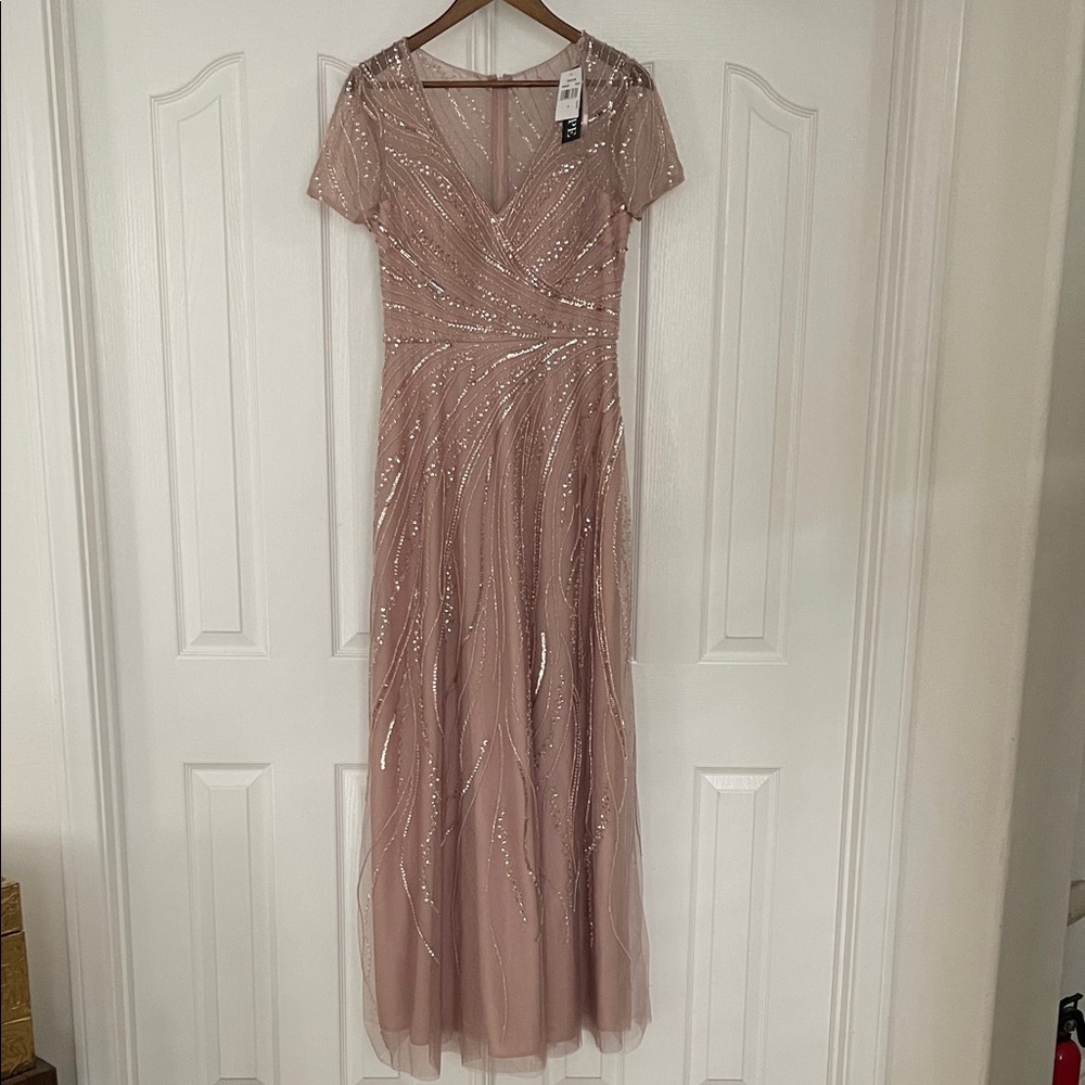 NWT $379 Xscape [ 6 ] V Neck Beaded Chiffon A Line Gown In Blush Pink - Picture 3 of 10